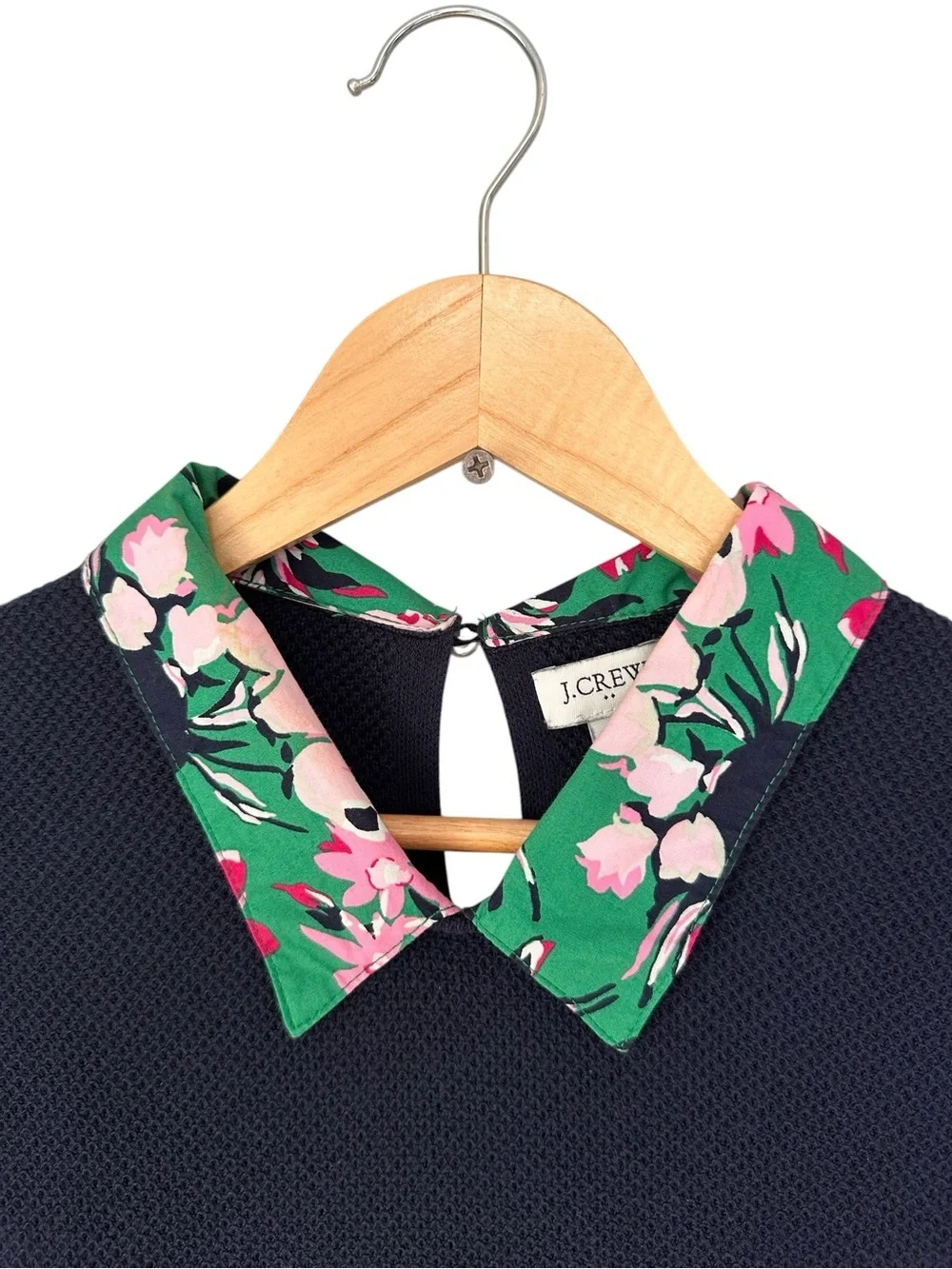 J. Crew Navy Tropical Floral Collar Sweater, Size Medium